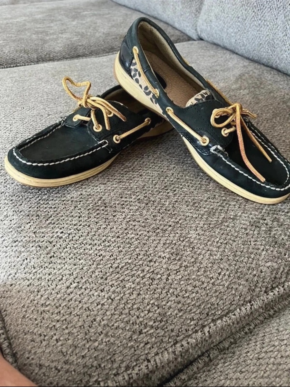 Sperry Black Leather Boat Shoes with Tan Laces and Cream Sole